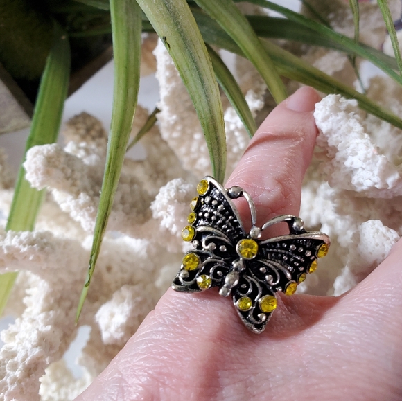 Yellow Butterfly Silver Tone Adjustable Band Ring 💥3 for $24💥 - Picture 9 of 11